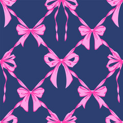Pink Ribbon Bow Lattice Seamless Pattern on purple. Coquette, Vintage and Romantic checkered pattern on dark blue with bows. Rococo background for feminine projects, vintage wrap, Valentines Day
