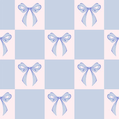 Blue Checkered Seamless Pattern with Ribbon Bows. Coquette, Vintage and Romantic design. Playful background for feminine projects, vintage wrapping paper, textiles, and Valentines Day