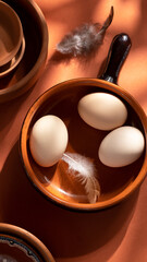 Handmade ceramic plates with home eggs on brown background. Terracotta objects, space for text. Genuine food concept.
