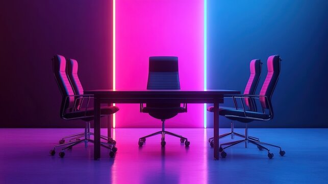 A conference room with a long table, three office chairs, and pink-blue neon lighting.