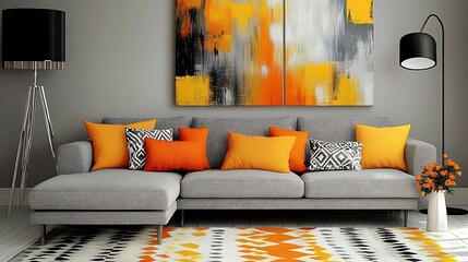 Modern living room interior design with vibrant accent colors.