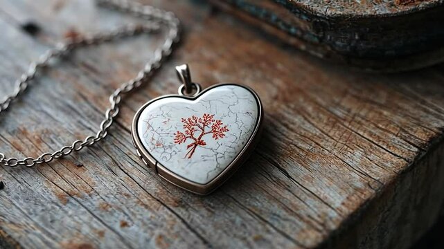 Heart-shaped locket with delicate floral design rests on rustic wooden surface.  Gold chain lies beside it. Soft, natural light enhances the detail