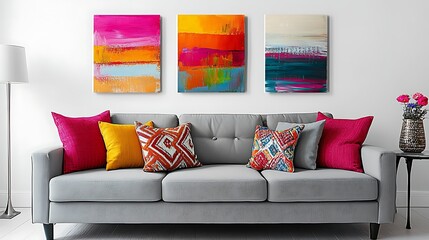 Colorful abstract paintings displayed on a gray sofa.