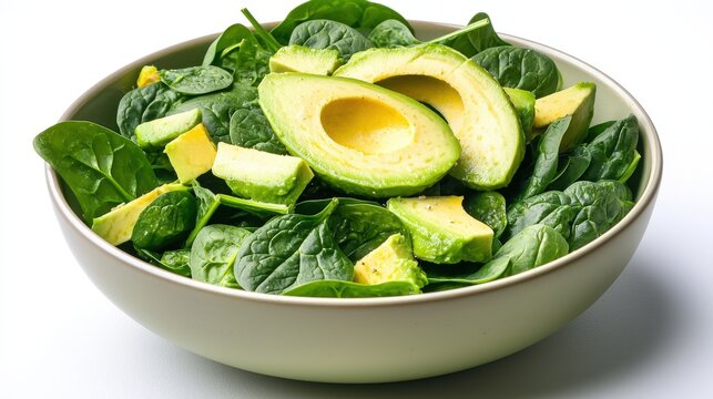 A vibrant green salad filled with fresh spinach leaves and creamy avocado slices is presented in a ceramic bowl against a clean white background, healthy and inviting.