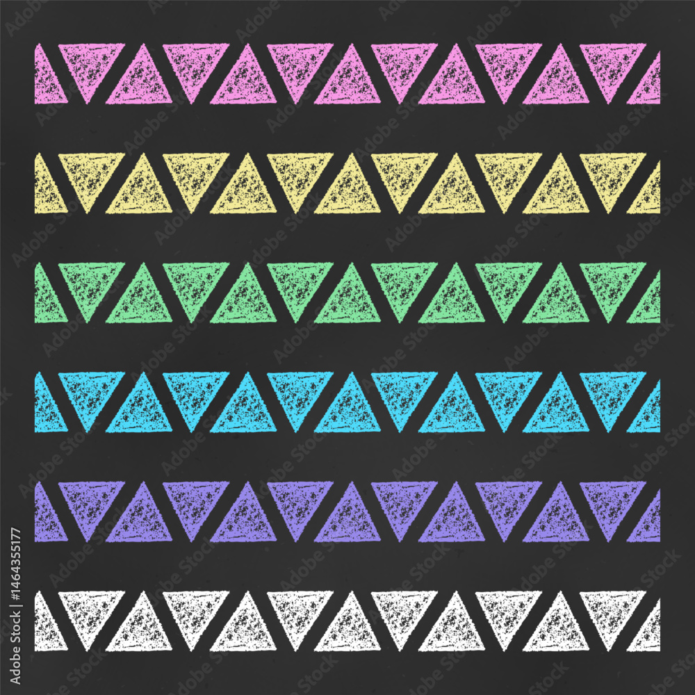 Wall mural set of horizontal seamless borders chalk drawn sketches of colorful lines of triangles.