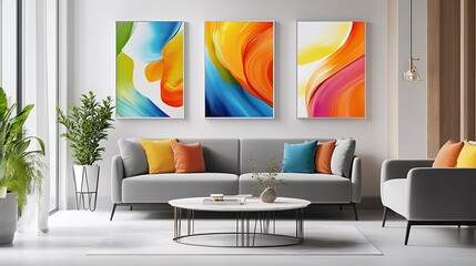 Three vibrant abstract paintings in a modern living room.
