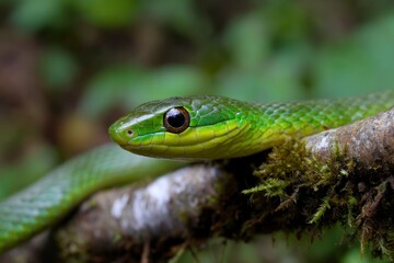 Obraz premium Green Snake Resting on Mossy Branch in Lush Forest Habitat