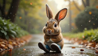 Cute bunny on a wet path