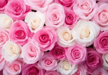 Fototapeta premium A bouquet of pink and white roses filling the frame with soft romantic aesthetics.