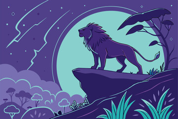 67 majestic lion, cosmic energy, glowing mane, electric aura, standing on cliff, night sky, neon colors, fantasy landscape, ethereal atmosphere, vibrant purple and blue hues, surreal art, digital pain