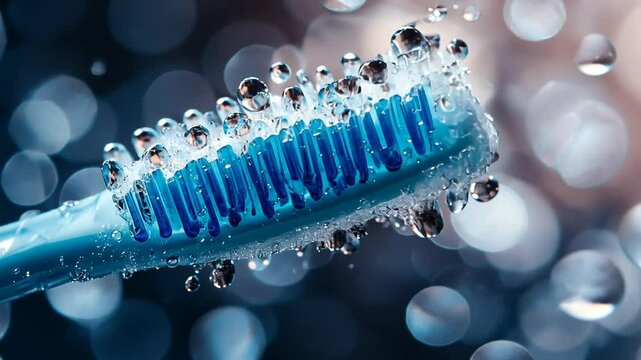 Close-up of a toothbrush in water droplets - Powered by Adobe