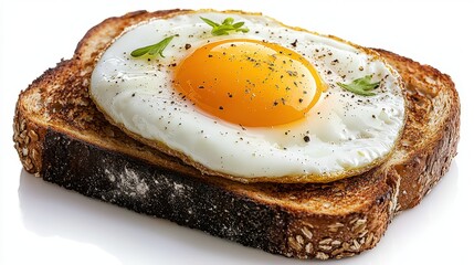 A sunny side up egg with black pepper sits perfectly atop a slice of golden brown whole wheat toast, garnished with fresh herbs on a clean white surface.
