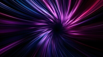 The image contains an abstract design of radiating streaks of light in shades of purple, pink, and blue, converging towards a dark central point, creating a swirling, vortex-like effect.