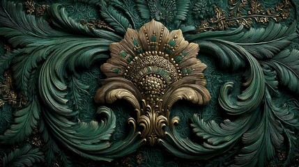 Emerald Green Baroque Floral Ornament with Gold Accents.