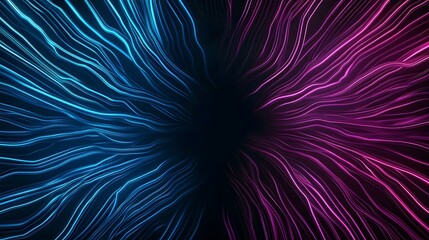 Obraz premium The image contains a vibrant abstract design featuring a dark background with flowing, luminous lines that radiate outwards from a central point. The lines are predominantly blue on the left and pur