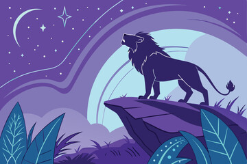 67 majestic lion, cosmic energy, glowing mane, electric aura, standing on cliff, night sky, neon colors, fantasy landscape, ethereal atmosphere, vibrant purple and blue hues, surreal art, digital pain