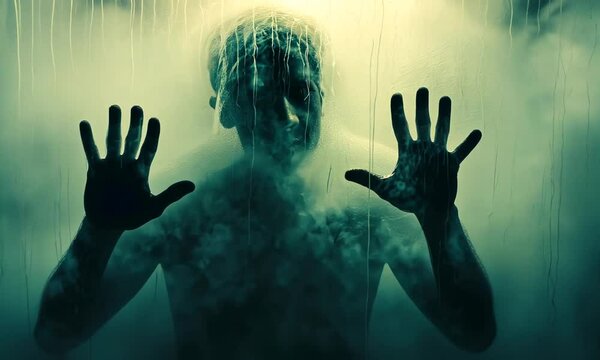 Silhouette of man behind foggy glass pressing hands as steam fills bathroom in greenish light. Concept of fear and psychological tension
