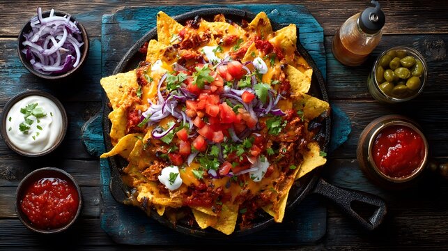 A top-down shot of loaded nachos in a cast iron skillet with various toppings and sides.