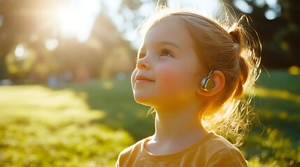 Outdoor portrait of a young girl listening to music.