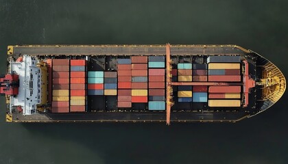 Obraz premium Aerial view of a cargo ship docked with colorful containers at a pier.
