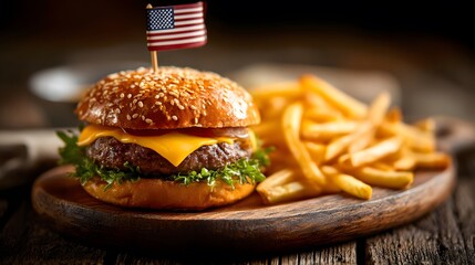 A juicy cheeseburger with an American flag and golden french fries, ready to eat.