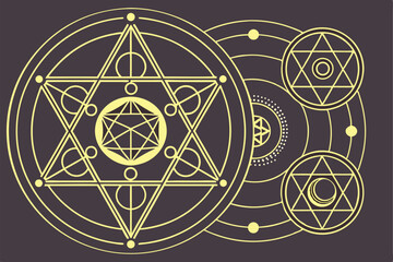 Fototapeta premium 68 Sacred geometry, intricate mandala, star of David, circuit board design, glowing orbs, symmetrical patterns, dark background, golden accents, neon colors, mystical symbols, techno-spiritual fusion,