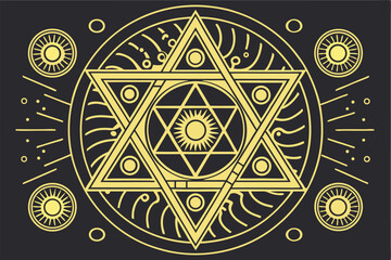 68 Sacred geometry, intricate mandala, star of David, circuit board design, glowing orbs, symmetrical patterns, dark background, golden accents, neon colors, mystical symbols, techno-spiritual fusion,