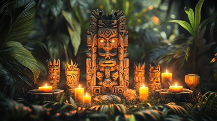 Ancient tiki statues surrounded by candles in a lush jungle setting.