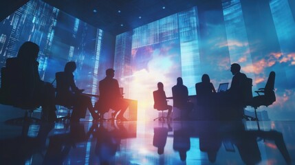 Visionary business team collaborates amidst a futuristic cityscape backdrop