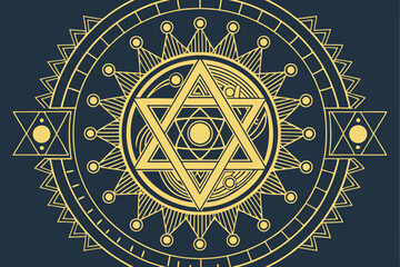 68 Sacred geometry, intricate mandala, star of David, circuit board design, glowing orbs, symmetrical patterns, dark background, golden accents, neon colors, mystical symbols, techno-spiritual fusion,
