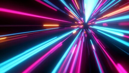 Colorful neon light streaks rush through a black void at high speed, creating a dynamic sci-fi warp effect ideal for space travel or data transmission visuals.

 - Powered by Adobe
