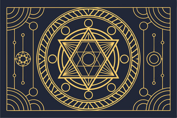 Fototapeta premium 68 Sacred geometry, intricate mandala, star of David, circuit board design, glowing orbs, symmetrical patterns, dark background, golden accents, neon colors, mystical symbols, techno-spiritual fusion,