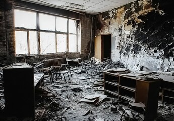 A fire-damaged classroom interior with broken desks, chairs, walls, debris, and sunlight through windows.