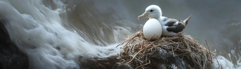 Albatross sitting on a nest with an egg, surrounded by ocean waves.