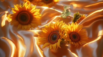 Fototapeta premium Golden Sunflowers on Silk Warm Autumn Glow Nature s Beauty Soft Light Elegant Still Life