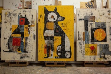 Fototapeta premium Three abstract animal paintings displayed in a .