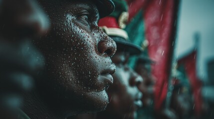 Rain-soaked Kenyan flag at half-mast during solemn Madaraka Day remembrance ceremony, water droplets catching light, honor guard standing at attention in formal military attire