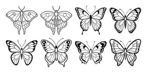 Naklejka premium set of black and white line art vector butterflies on white background