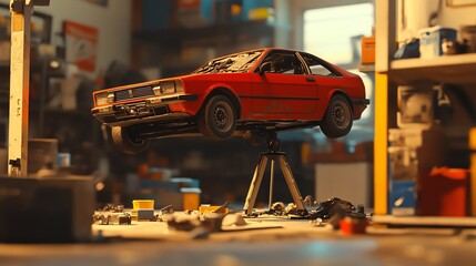 Fototapeta premium Red toy car on a workbench surrounded by tools in a cozy garage setting.
