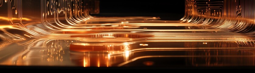 Abstract golden circuit board design, intricate lines and patterns.