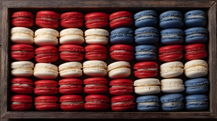 A wooden box filled with colorful macarons, arranged in red, white, and blue colors.