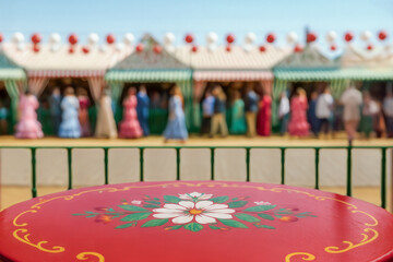 Empty traditional red table top view from inside a fair tent (caseta) at the Seville april fair showing a festive scene in the background. Perfect to product display template, business presentation