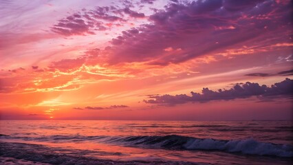 Fototapeta premium Vibrant sunset over tranquil ocean coastal landscape photography serene atmosphere wide angle nature's beauty