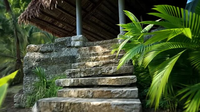 Close-up view of stone steps near a body of water, lush green vegetation, and a thatched roof structure in the background.  Sunlight illuminates the scene, creating shadows and highlighting textures