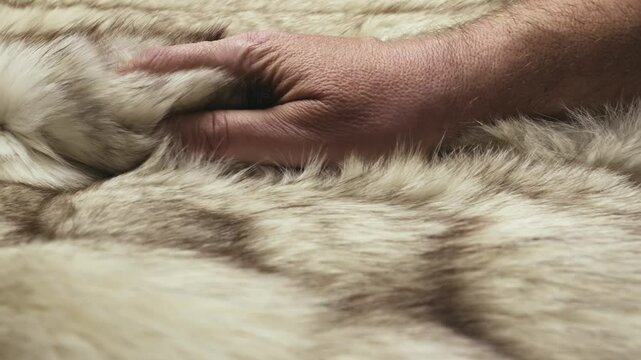 Close-up of man's fingers slowly caressing luxury soft mink fur coat,