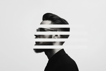 Modern businessman with sliced face wearing sunglasses and looking right