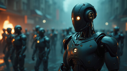 Fototapeta premium Apocalypse.exe — Loading on Robot Chest in a Dystopian Army Scene