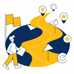 Roadmap illustration with a person guiding on a journey with flags and icons
