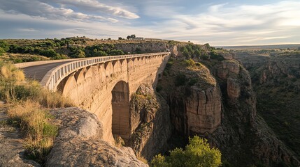 Obraz premium Scenic view of a bridge spanning a canyon at sunset.