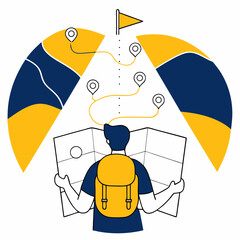 Traveler exploring map with backpack and route markers on a journey